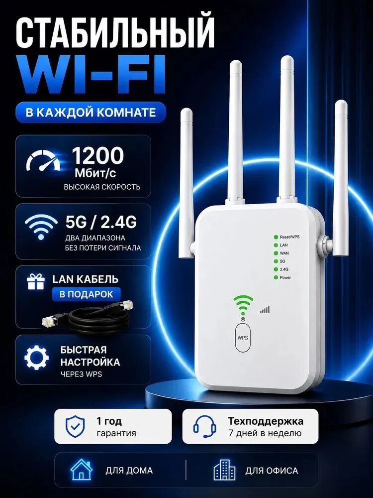 Усилитель сигнала wi-fi 2.4/5 Ггц, репитер Wi-Fi 1200 Мбит/с, белый