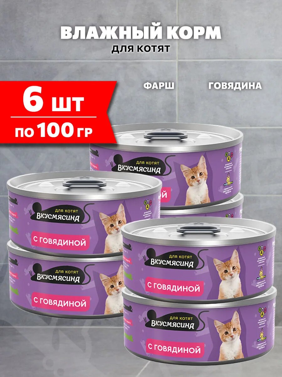 Корм влажный Вкусмясина для котят, говядина, 100 г 6 шт