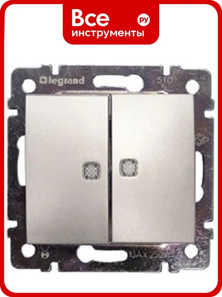 Выключатель Legrand двухклавишный с подсветкой Legrand Valena 10А 250В схема 5L безвинтовые зажимы алюминий 694344