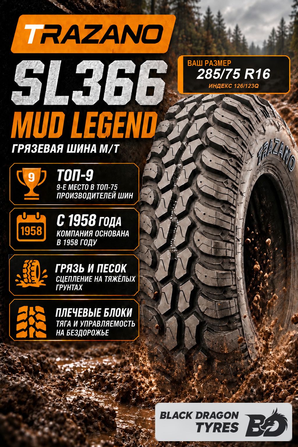 Всесезонные шины Trazano SL366 285/75 R16 126/123Q LT 10PR , для внедорожника