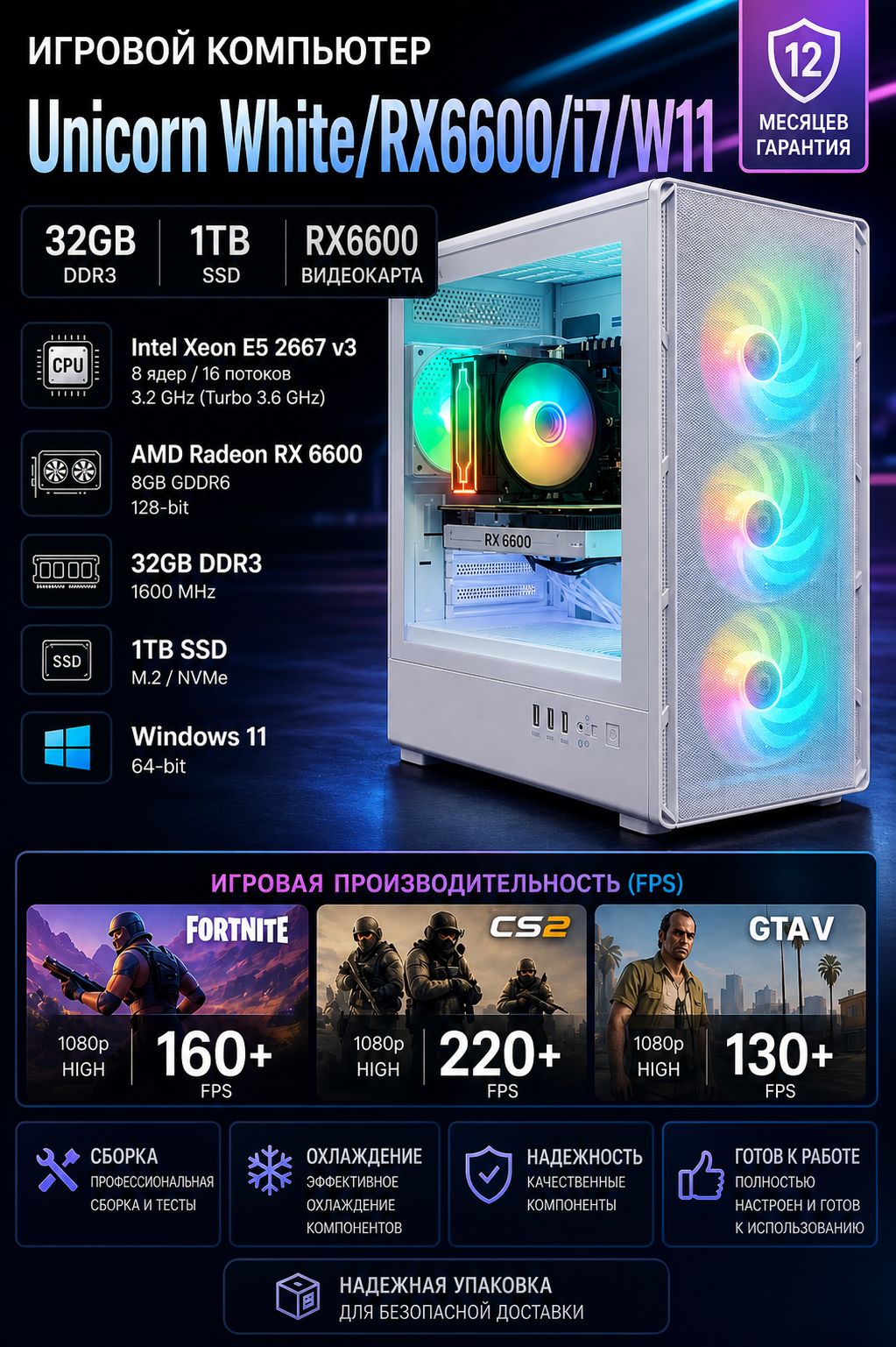 Игровой компьютер Unicorn White/RX6600/i7/W11/RAM 32GB/SSD 1TB/x99.2.2667v3p