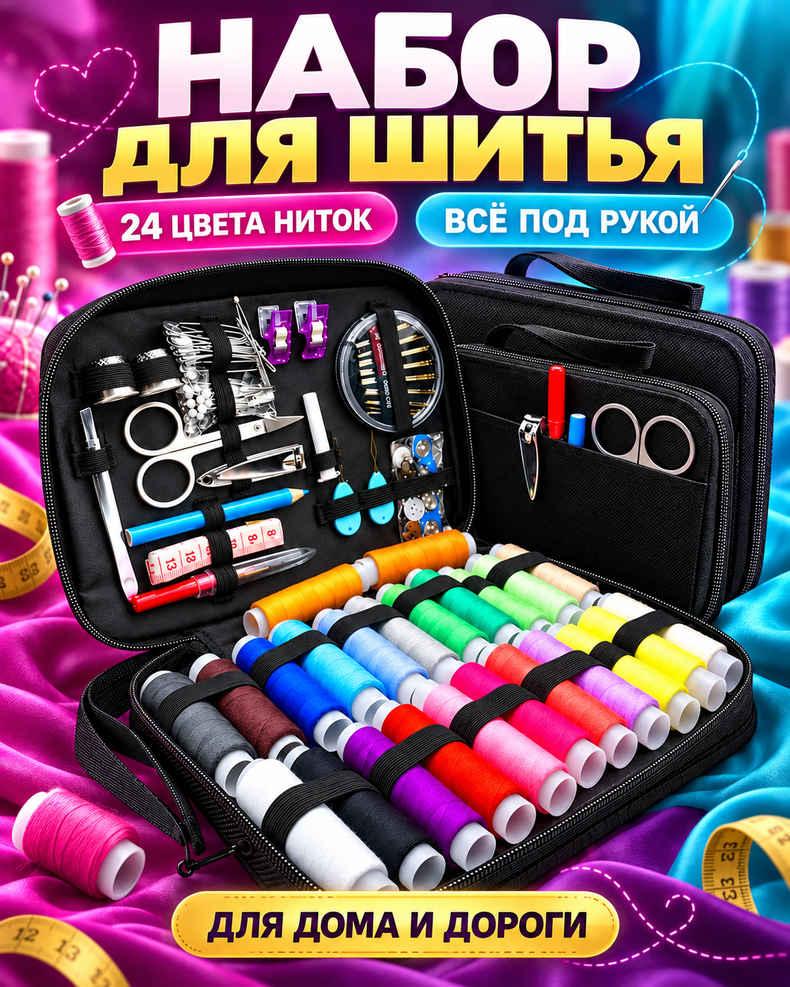 Набор для шитья с нитками 24 катушки, швейный органайзер с иголками и принадлежностями, дорожный комплект для рукоделия