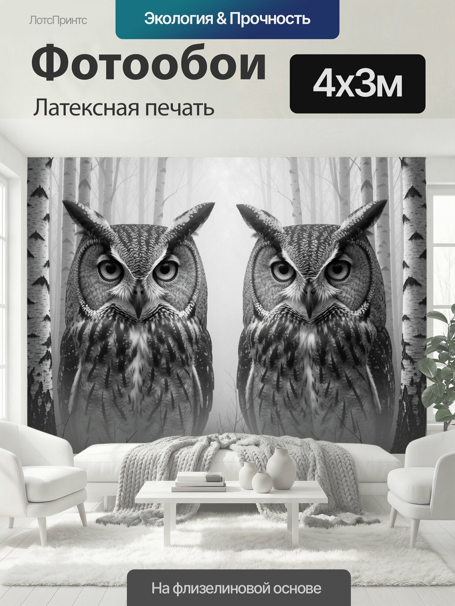 Фотообои моющиеся ударопрочные "Две совы в туманном березовом лесу. Симметричная композиция с парой ушастых хищных птиц среди белоствольных." 400x300 см. латексная печать