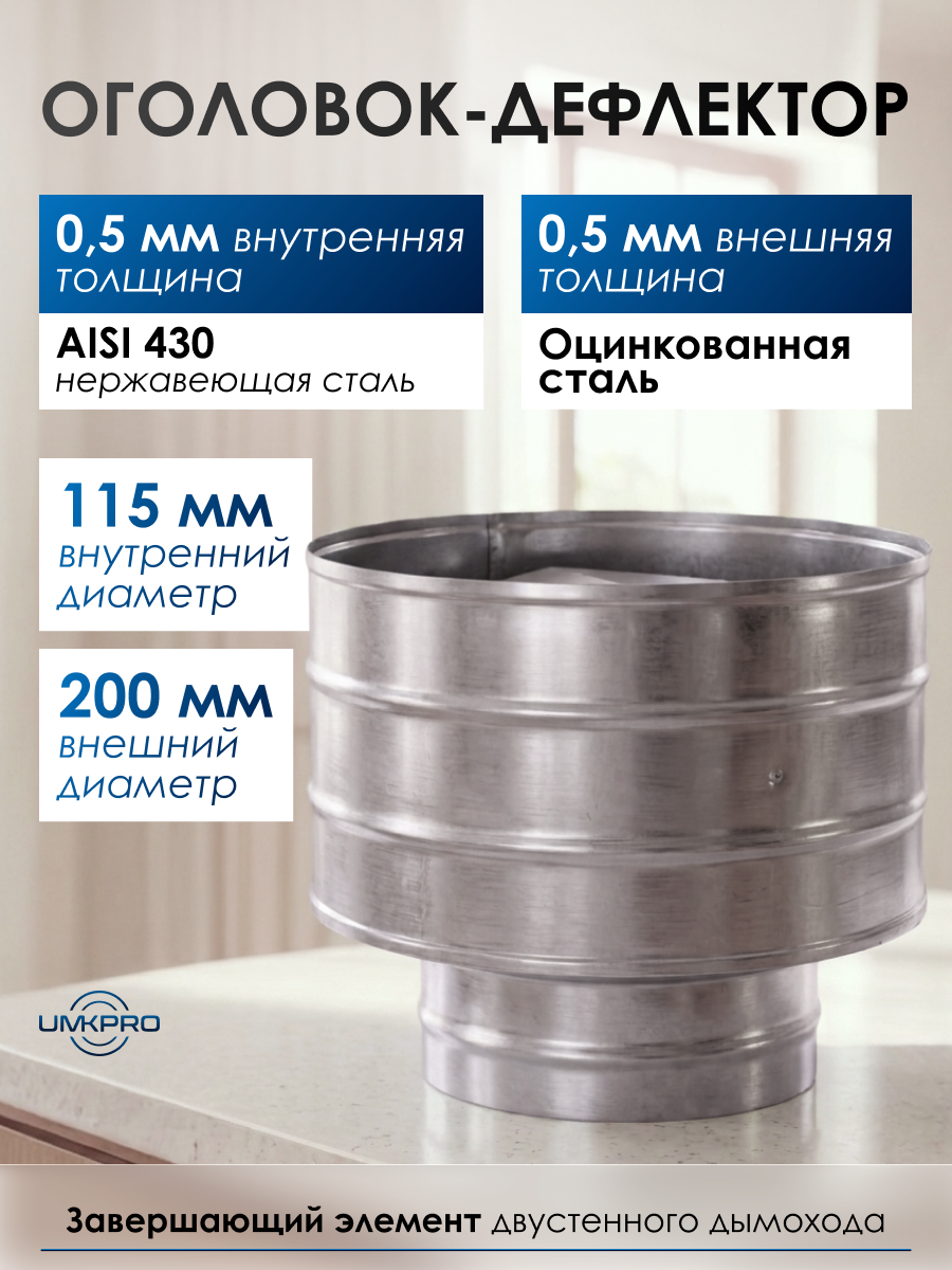 Оголовок с дефлектором, ф 115х200, AISI 439/Оц, 0,5мм/0,5мм, (К), h230мм