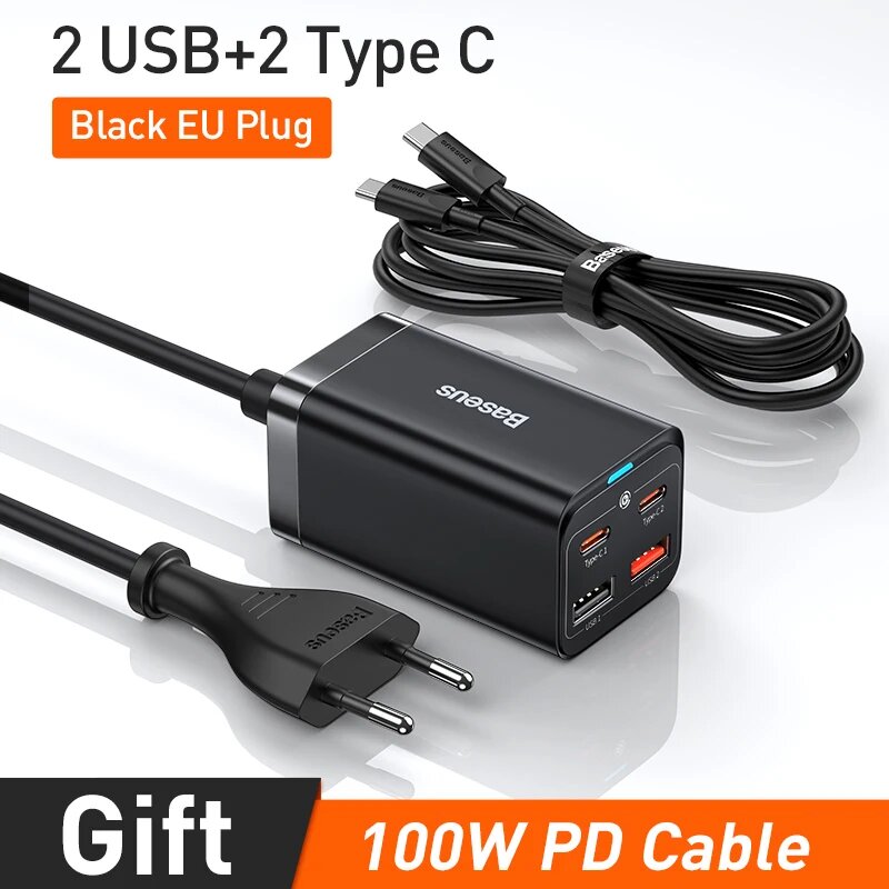 Настольное Зарядное Устройство Baseus GaN3 100/65W С Быстрой Зарядкой QC 3.0/4.0 USB-C 65W EU Plug