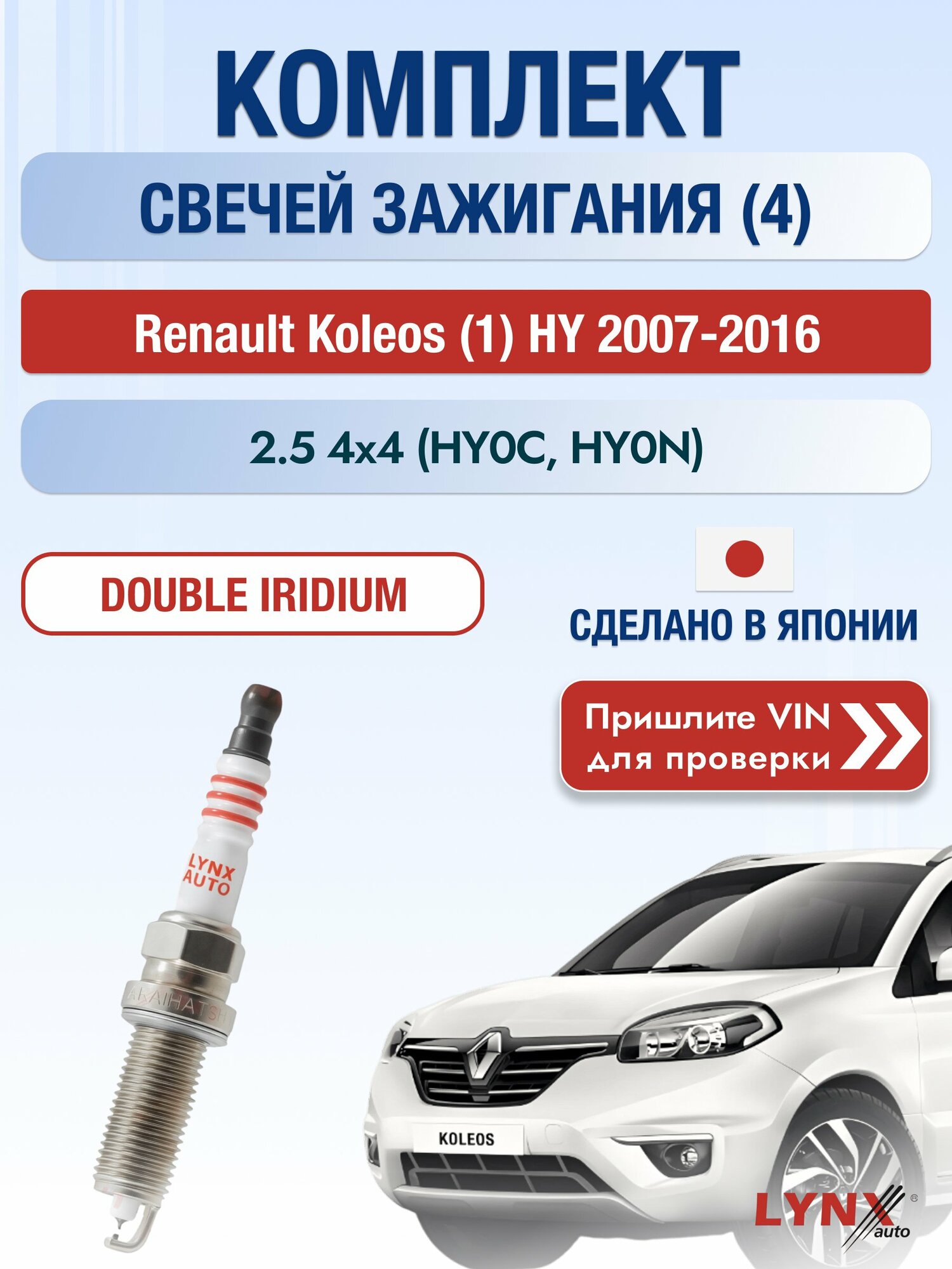 Свечи зажигания на Renault Koleos (1) HY, комплект 4 шт / 2007-2016 / Двигатель 2.5 4x4 (HY0C, HY0N) SР-121 LYNXauto