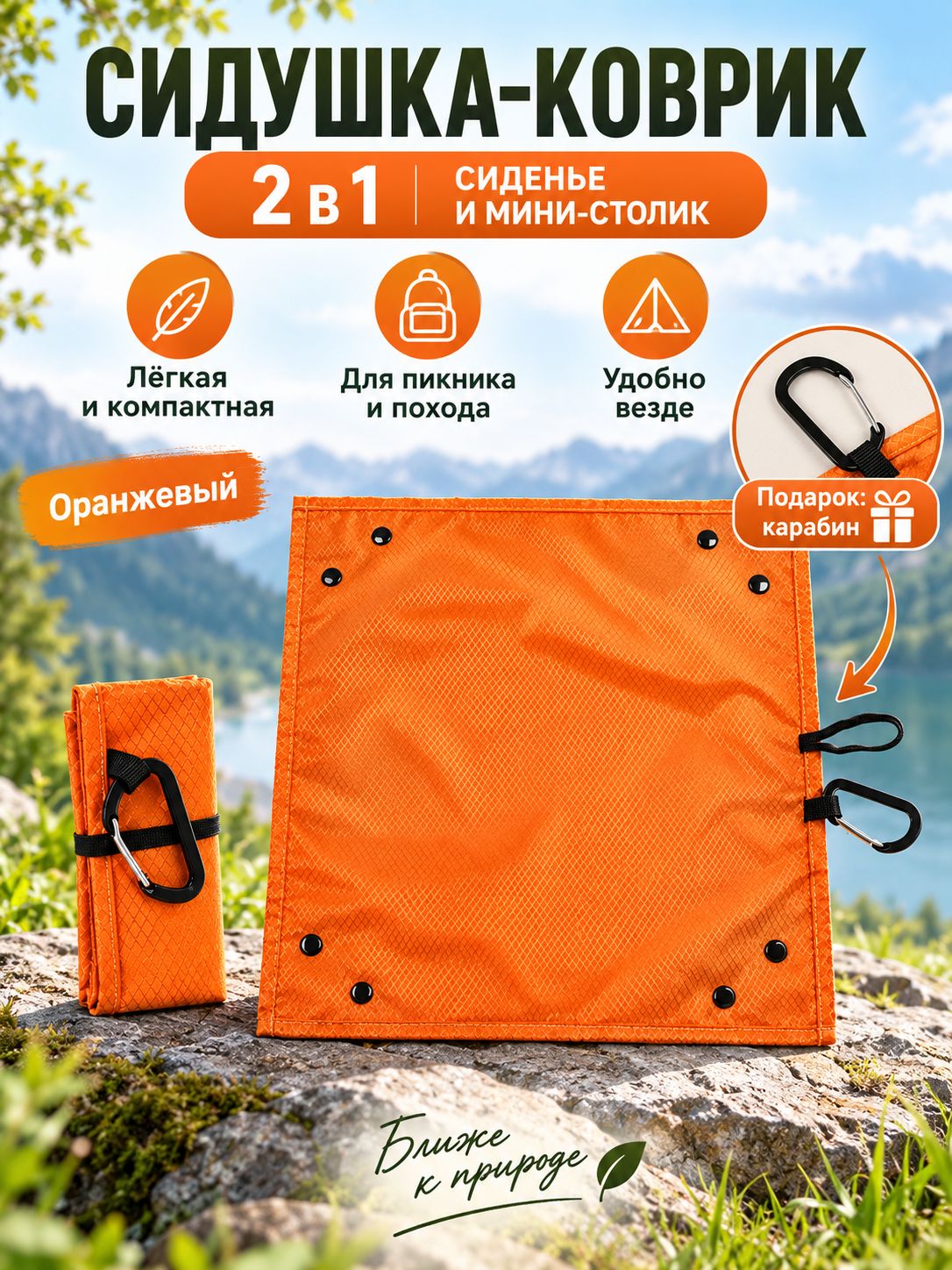 Складная сидушка 2 в 1 для зимней рыбалки и туризма, ультралёгкий влагостойкий коврик-лоток с карабином, 34,5*34,5 см