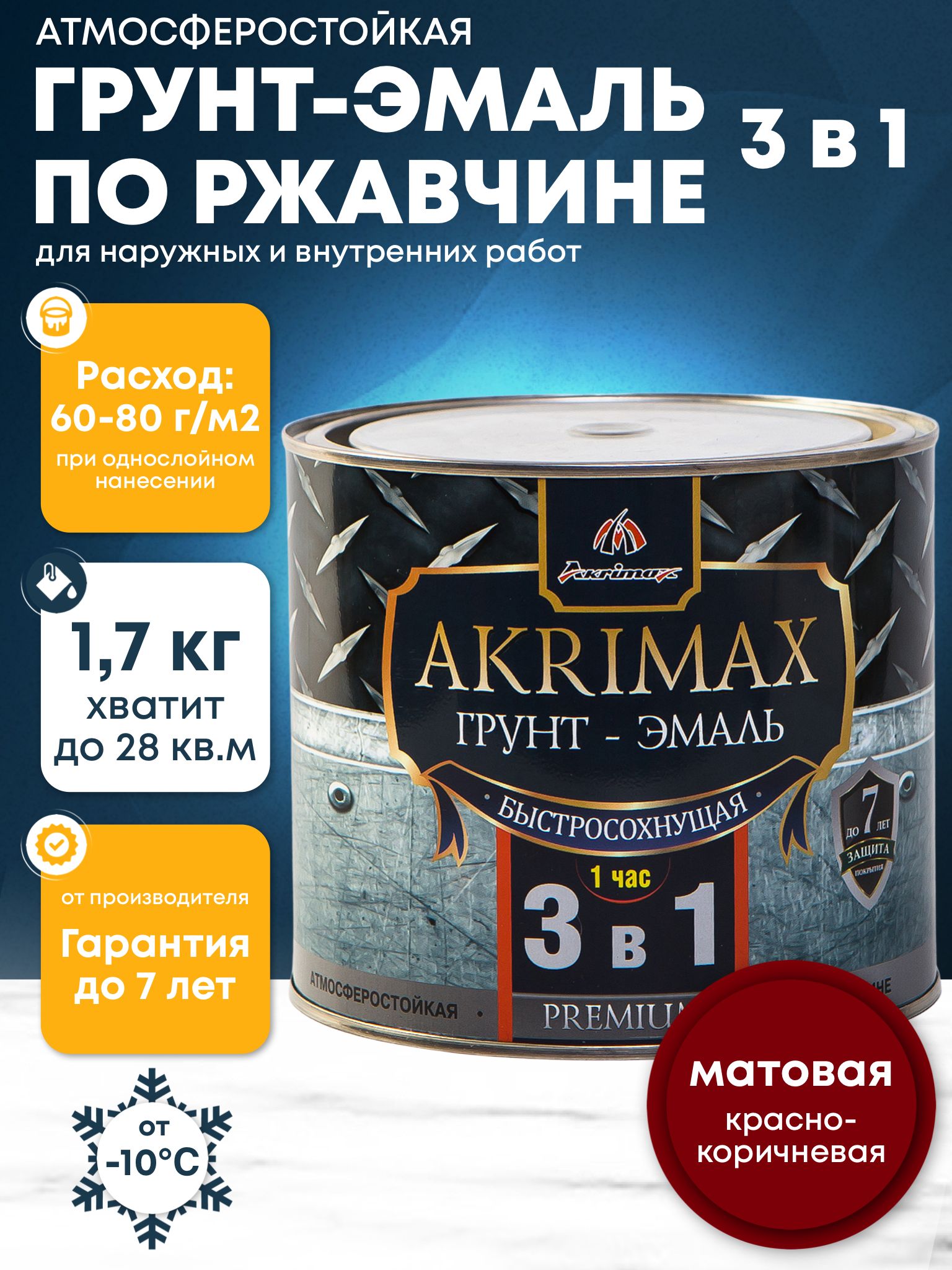 Грунт-эмаль по ржавчине 3 в 1, Краска по металлу, быстросохнущая 1,7 кг AKRIMAX-PREMIUM, матовое покрытие, красно-коричневый