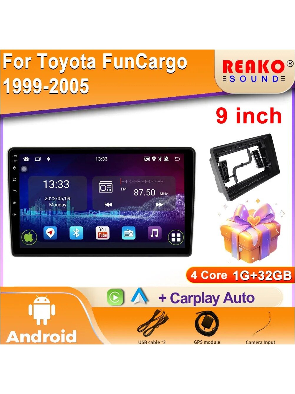 Автомагнитола REAKOSOUND 9" 2 DIN Android 1/32 ГБ для Toyota FunCargo