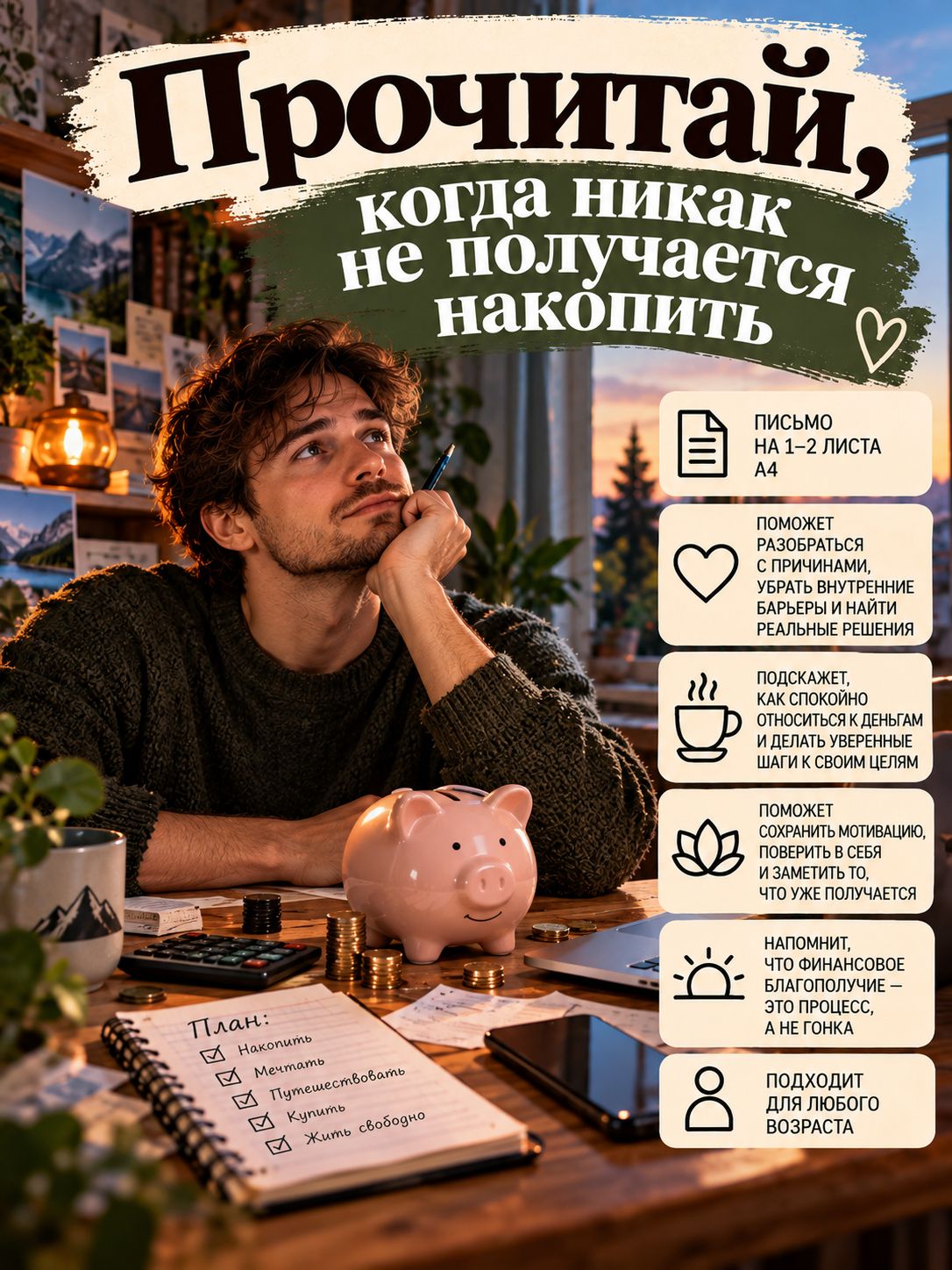 Письмо "Когда не получается накопить" - мотивирующий текст на листе бумаги А4 для женщин и мужчин