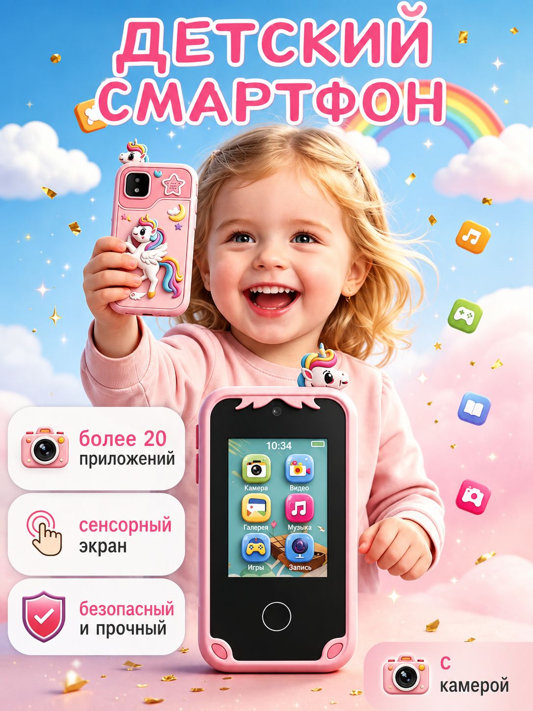 Детский смартфон игрушечный сенсорный, розовый телефон для девочек с камерой, музыкальный развивающий интерактивный