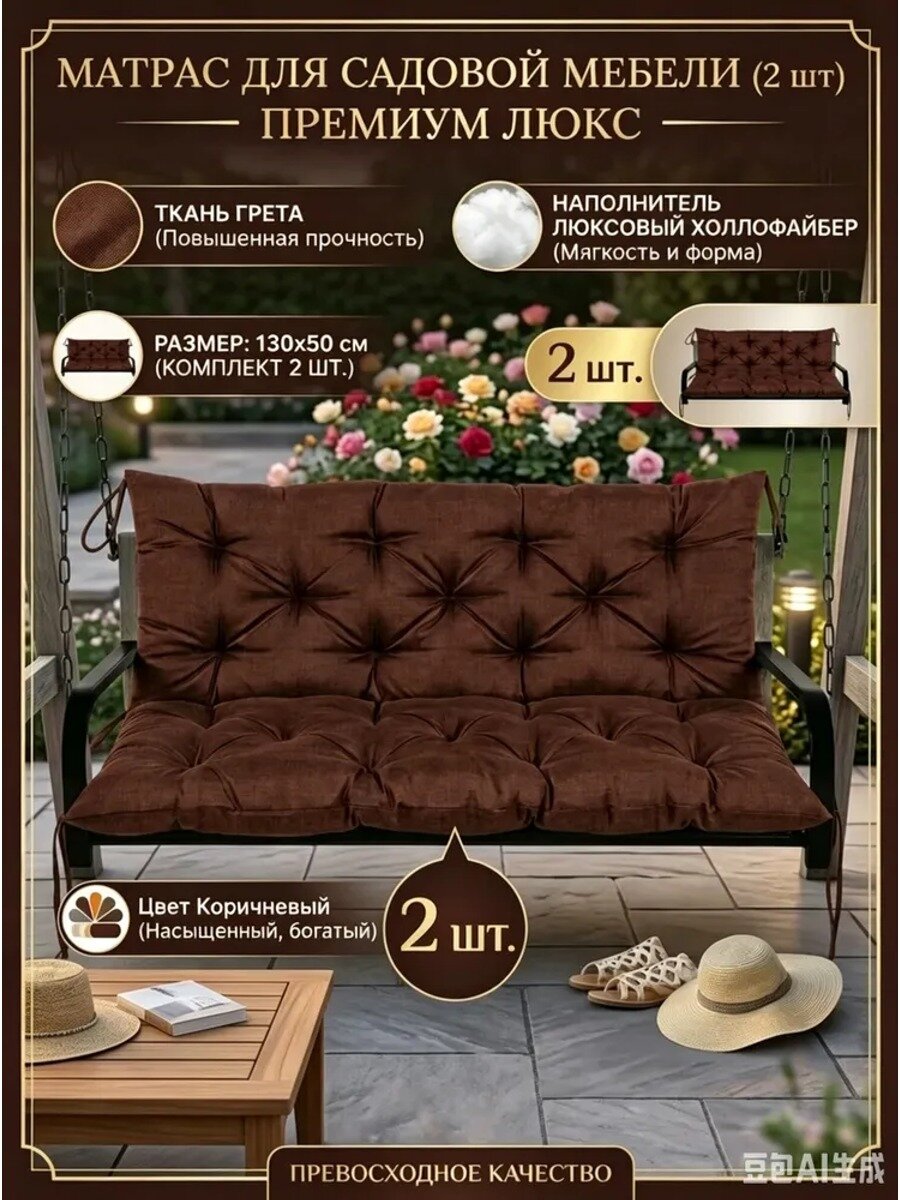 Сиденье для садовой мебели подушка-матрас 50x130 см, 2 шт. коричневая, синтепон, на завязках