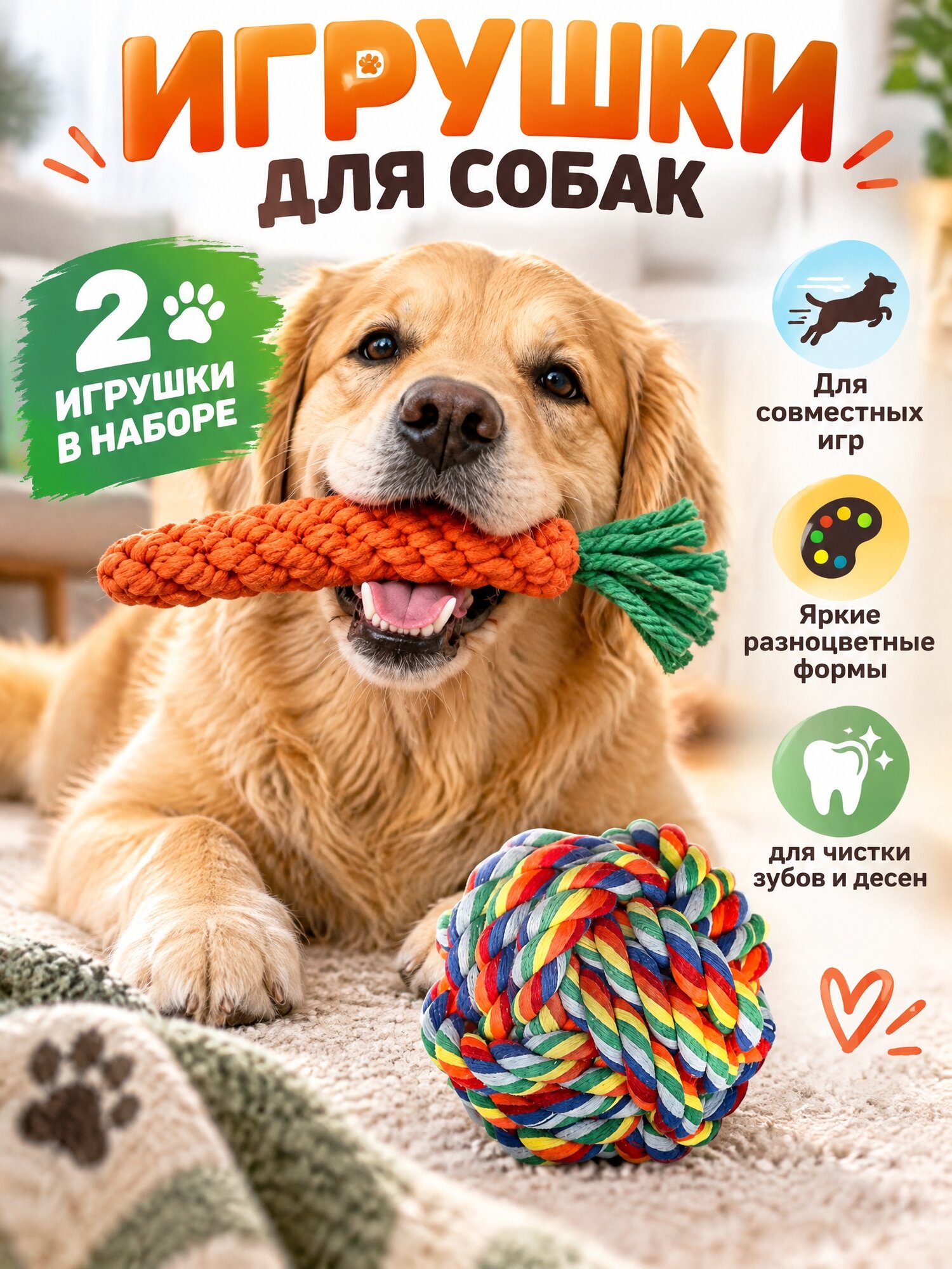 Игрушки для собак и кошек плетеные грейфер морковка и мячик для чистки зубов