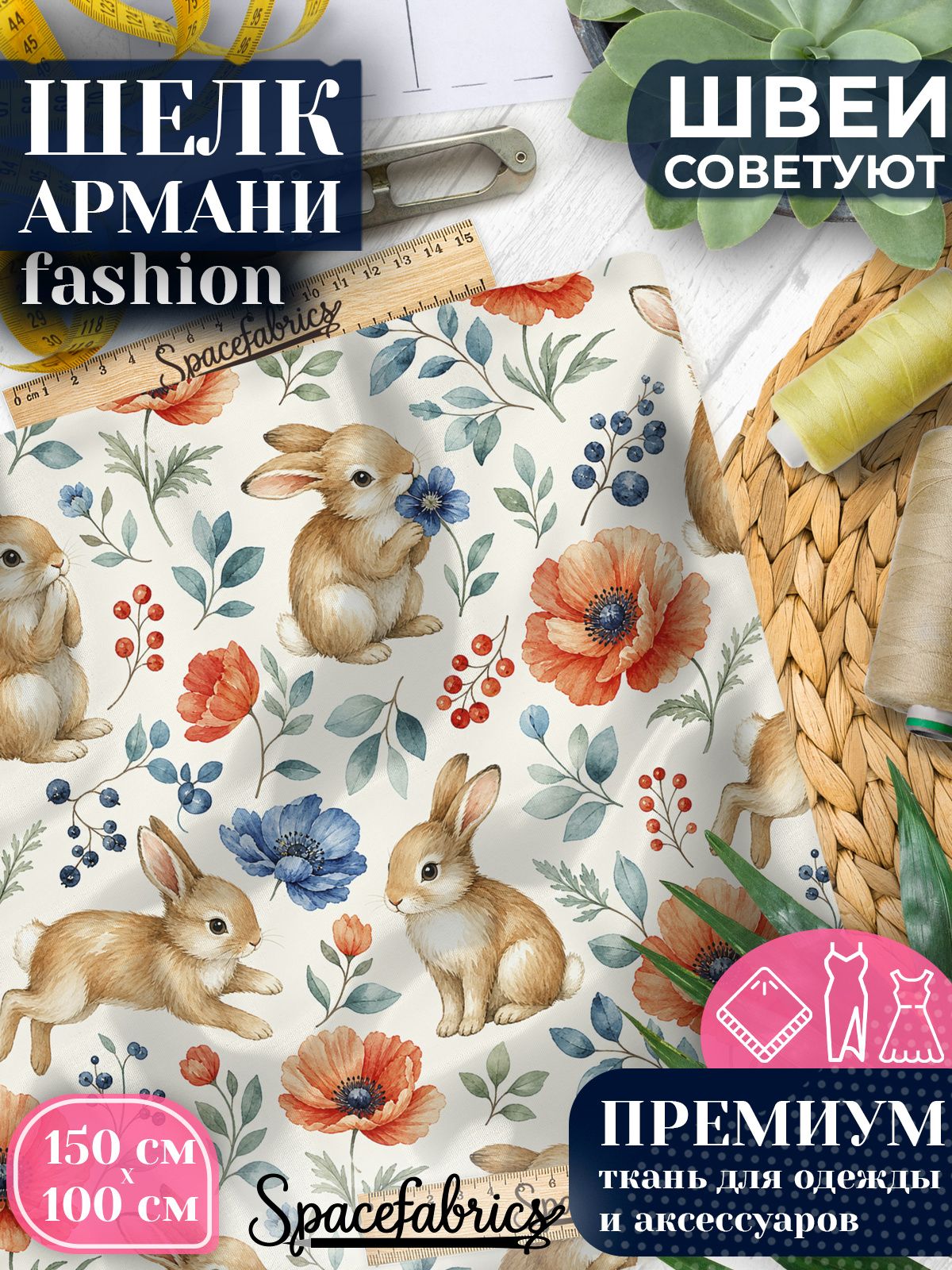 Ткань для шитья шелк Армани, искусственный шелк для костюмов, платьев, юбок с принтом Кролики