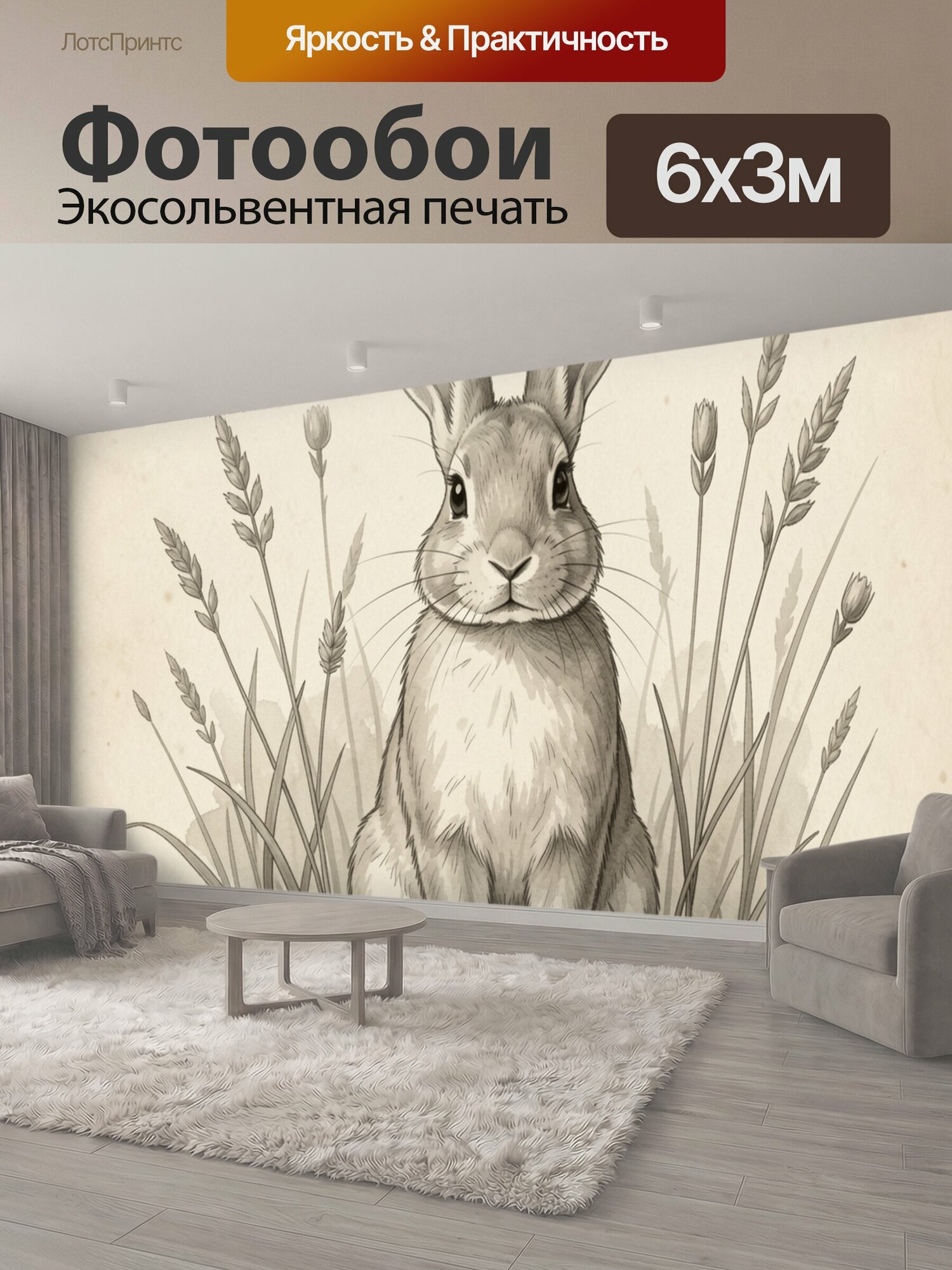 Фотообои "Заяц среди луговых трав. Светлый акварельный рисунок с милым ушастым зверьком, сидящим среди тонких полевых стеблей и колосков." 600x300 см. экосольвентная печать