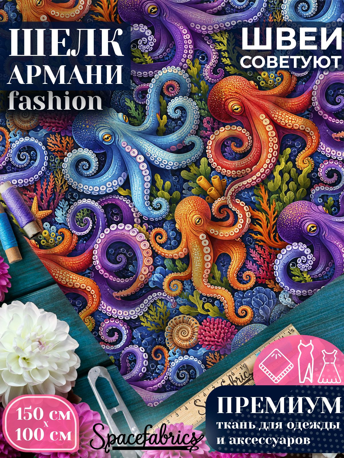 Ткань для шитья шелк Армани, искусственный атлас шелк для костюмов, платьев, юбок с принтом Осьминоги