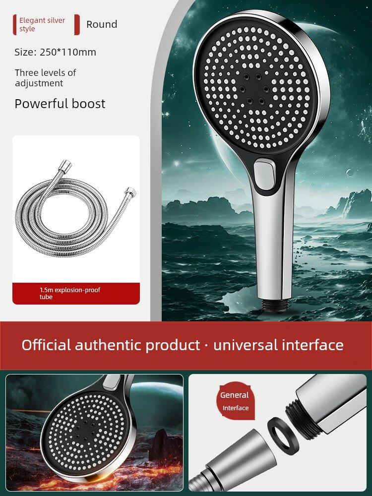 Serebristyy Belyy 3-Step Pressure Shower Head s 1.5m Shlangom, Vysokii Potok Reguliruemyy
