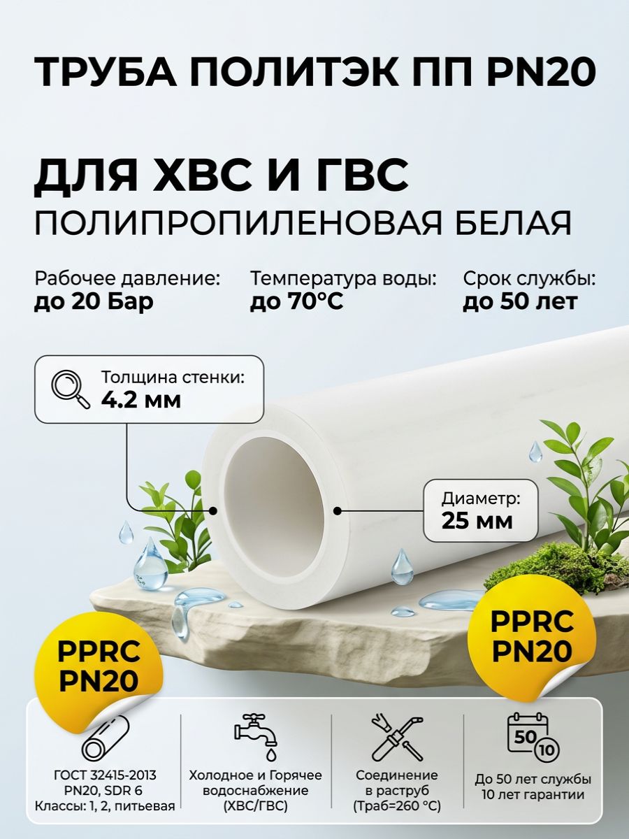 Труба PPRC диаметром 25мм и толщиной стенки 4.2мм Политэк (1 метр)