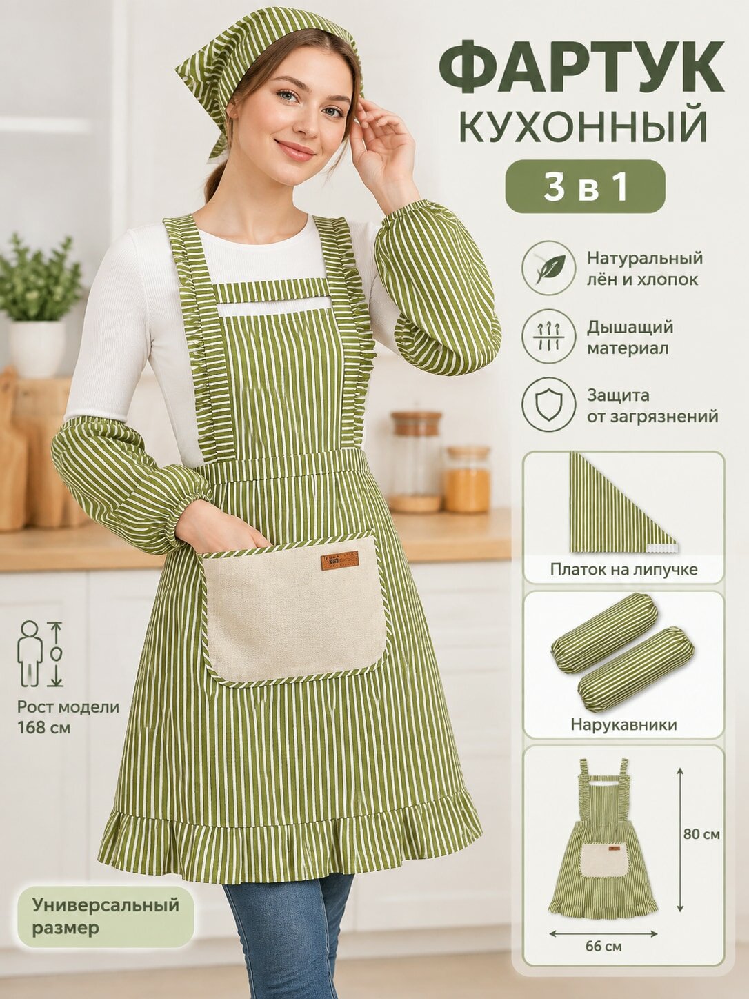 Фартук кухонный женский с нарукавниками и косынкой, комплект из хлопка и льна, в полоску