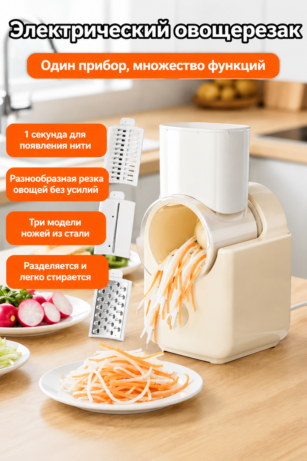 Компактная электроприставка для нарезки картофеля, моркови, сыра, легко разбирается для очистки