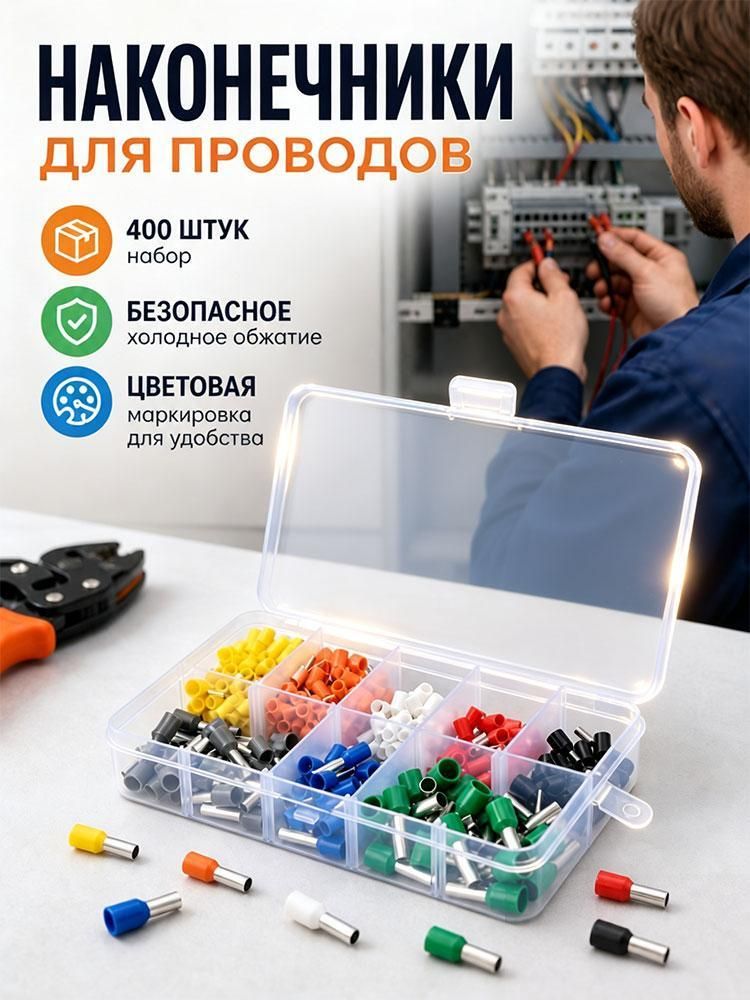 Клемма на конце провода, представлены в восьми различных размерах от E0506 до E6012, 400 штук