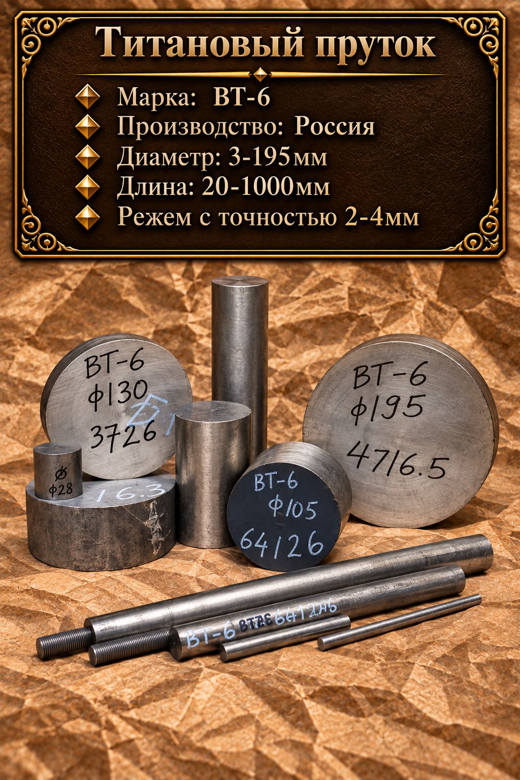 Титановый пруток ВТ-6, круг из титана, Диаметр 3мм, длина 100мм