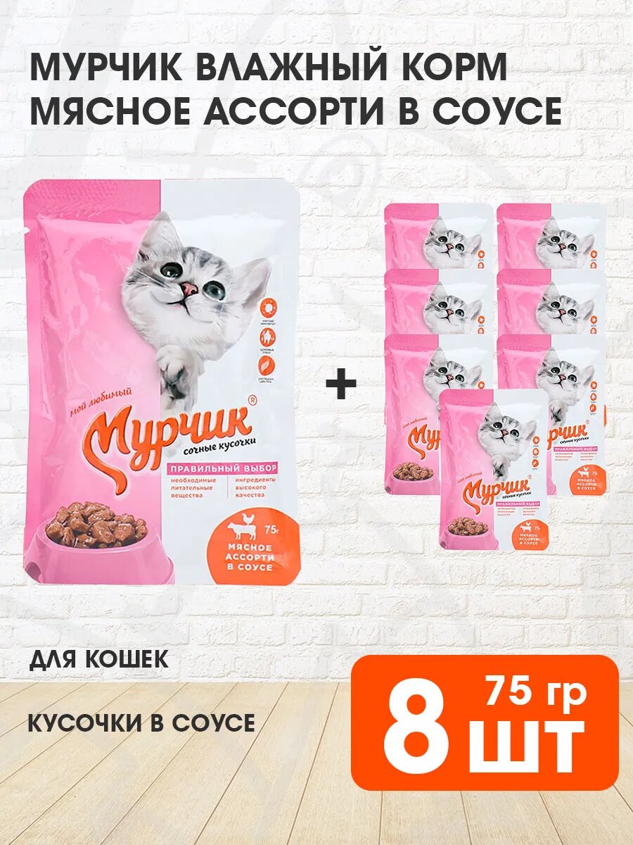 Корм влажный Мурчик для взрослых кошек, мясное ассорти в соусе, 75 г 8 шт