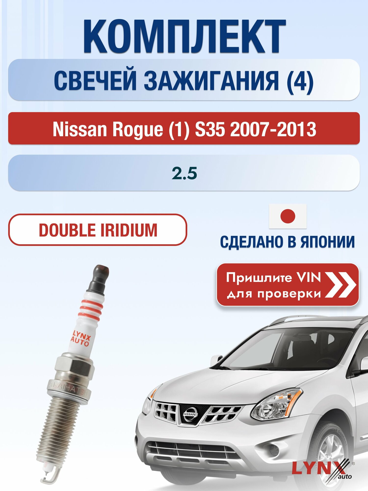 Свечи зажигания на Nissan Rogue (1) S35, комплект 4 шт / 2007-2013 / Двигатель 2.5 (QR25DE) QR25DE SР-121 LYNXauto