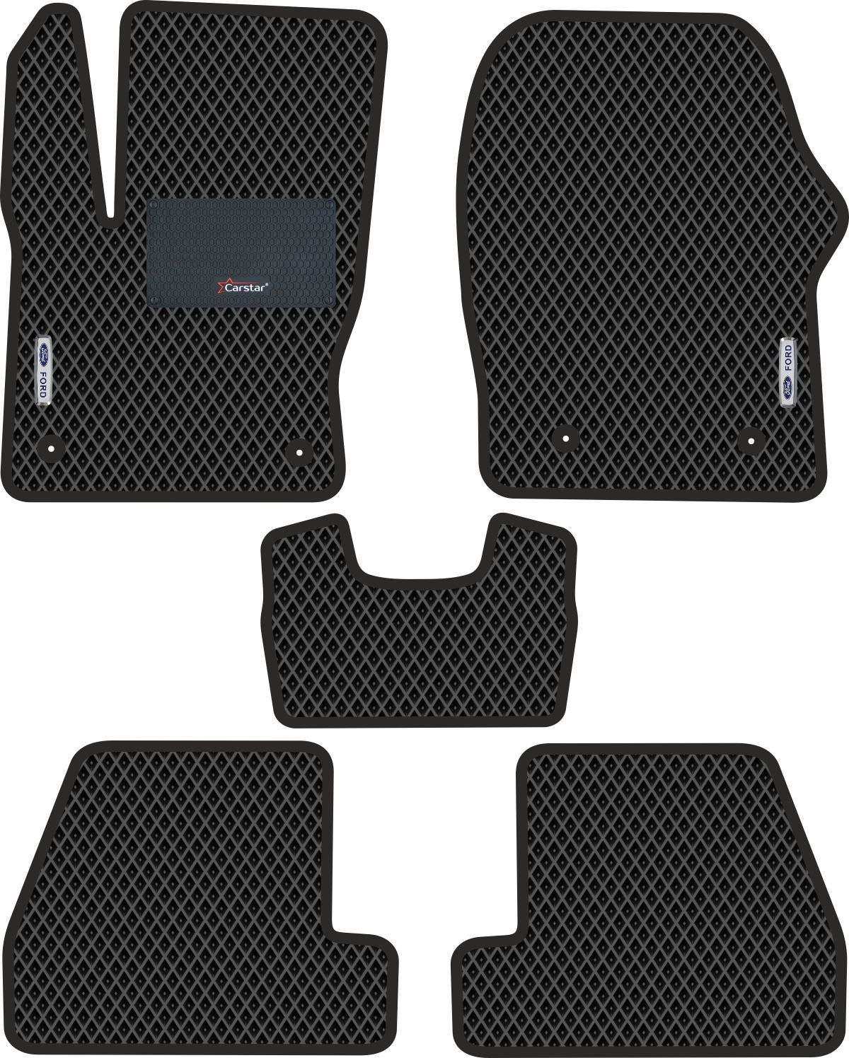 Автомобильные коврики EVA для Ford Focus III рестайл (2014-2019), с каучуковым подпятником и 2 эмблемами Ford, чёрные с чёрным кантом, ячейка - ромб