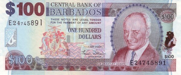 Барбадос 100 долларов 2007 г. «Сэр Грантли Адамс» UNC
