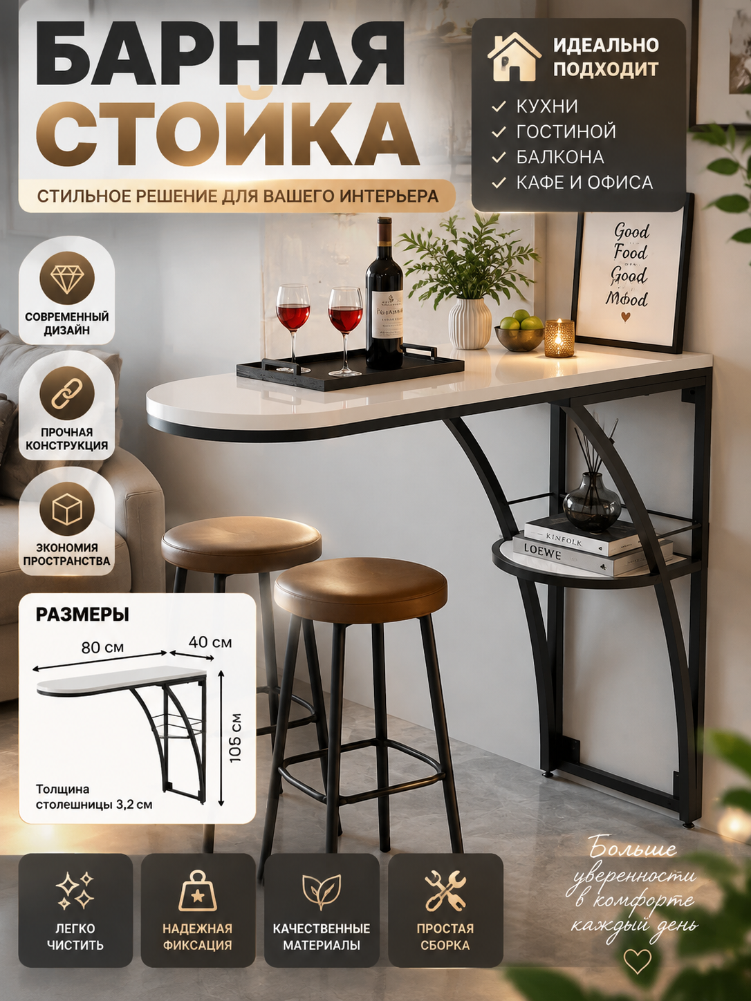 Барный стол, 100х40х105 см, для кухни, гостиной, бара и кафе, удобный для приема пищи