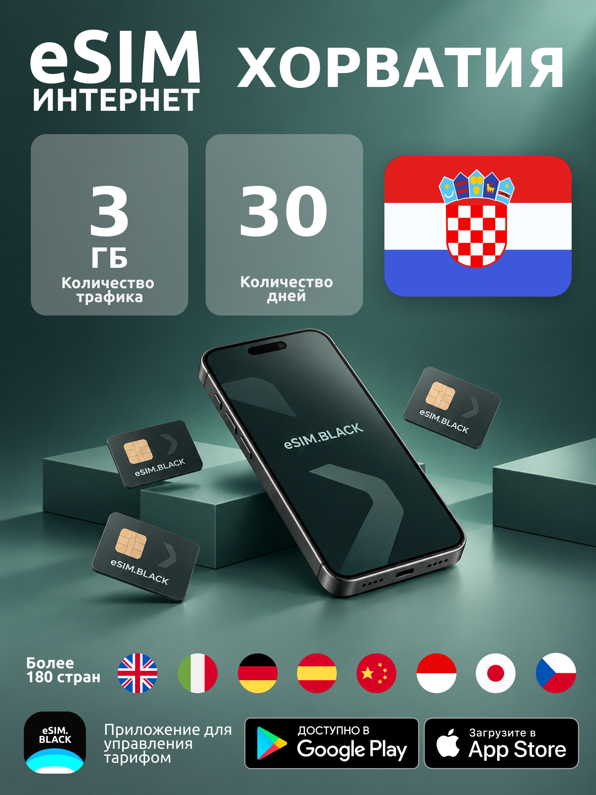 Хорватия/30 дней/3 ГБ - eSIM для мобильного интернета ( iPhone | Android ).
