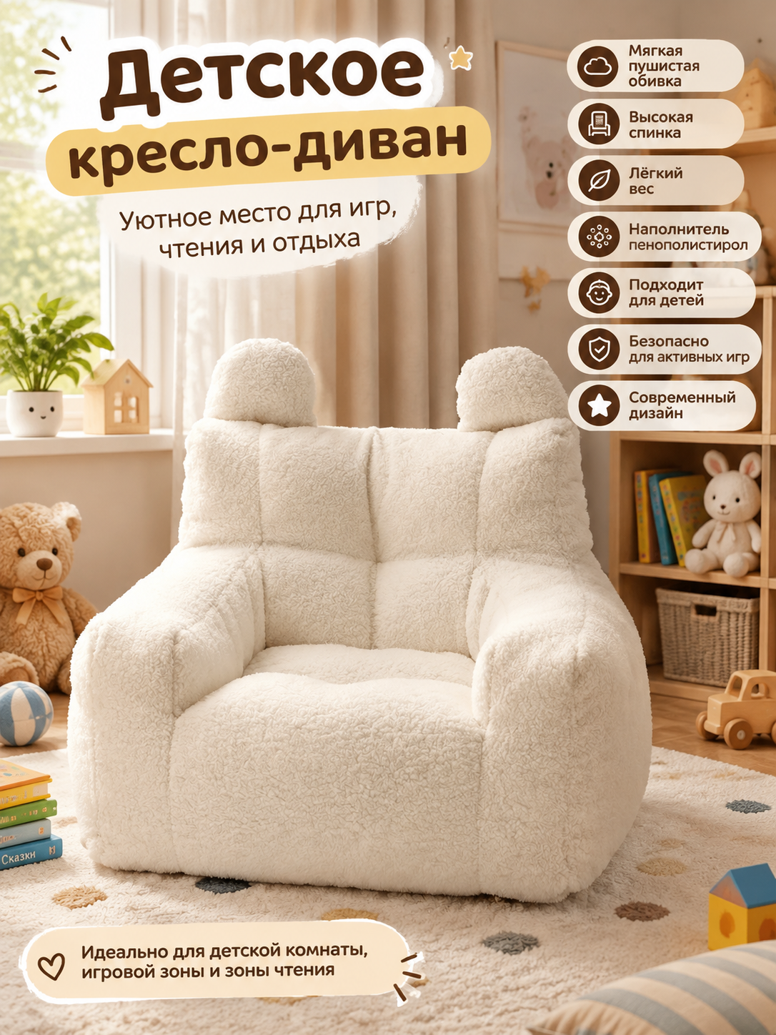 Мягкое детское кресло-диван с высокой спинкой из пушистой ткани, белый, для детской