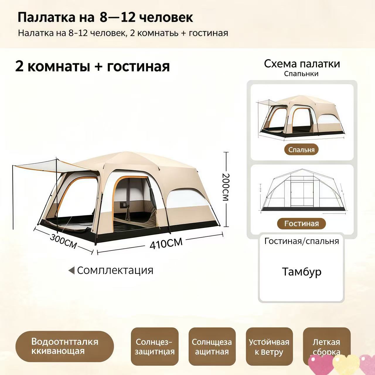 Туристическая палатка 2 комнаты+гостиная на 8‑12 человек, водонепроницаемая, бежевая, для кемпинга на природе