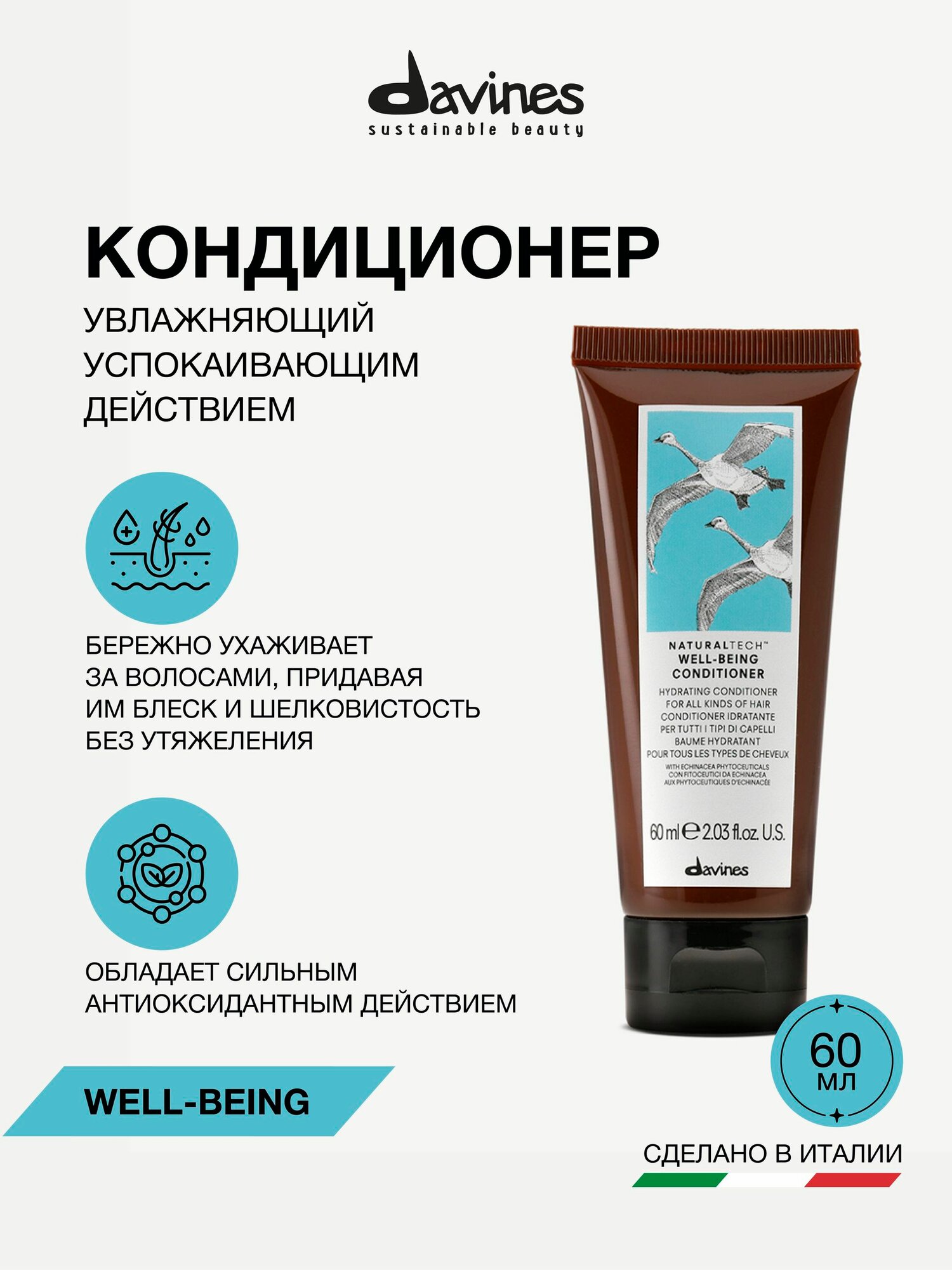 Увлажняющий кондиционер для здоровья волос NT WELLBEING, Travel 60 мл, Davines, Италия