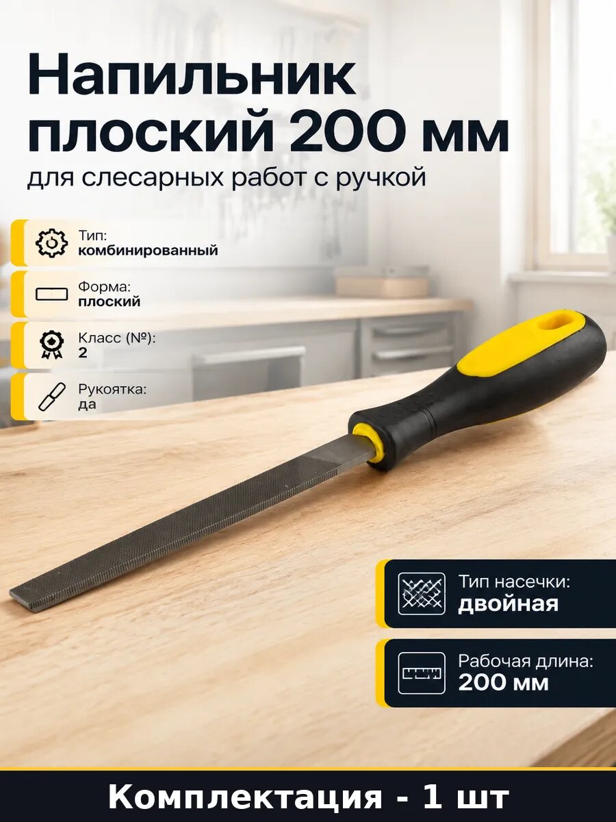 Напильник плоский 200 мм для слесарных работ с ручкой