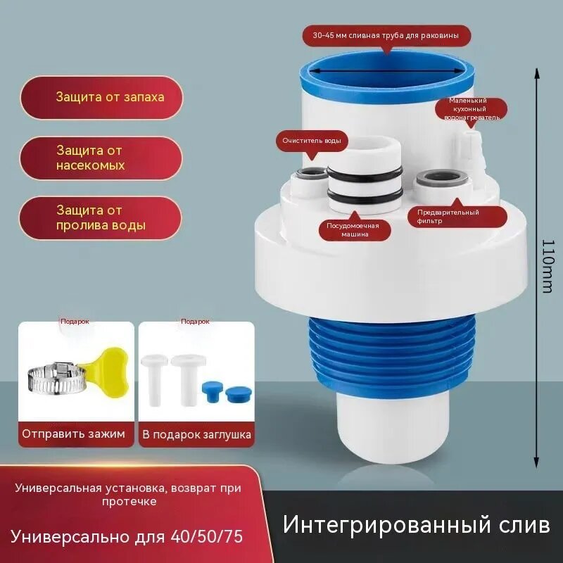 Кухонная сливная труба, пятиходовая дренажная труба, антизапаховый многофункциональный предфильтр, очиститель воды для посудомоечной машины, трехходовой соединитель.