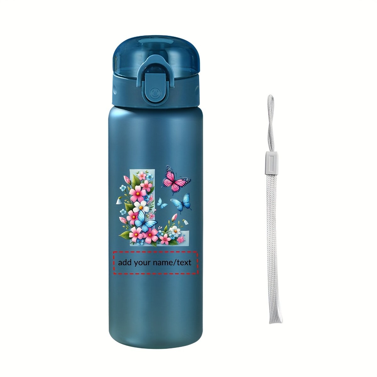 Бутылка для воды пластиковая 26 oz, 1 шт, модель L, синяя, герметичная, с УФ-принтом синих бабочек и цветов, до 26 букв для персонализации имени, для спорта, путешествий, кемпинга и в подарок