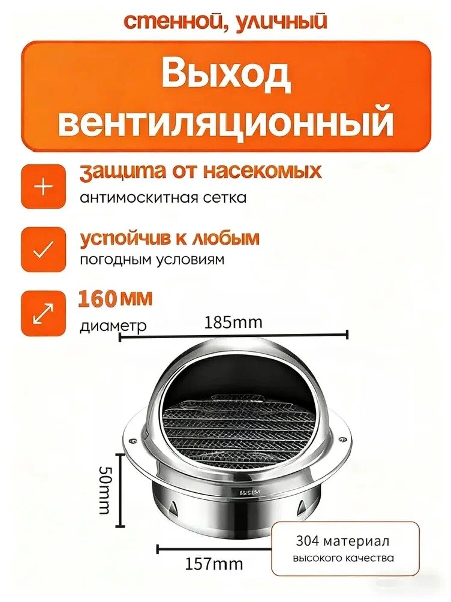 Выход вентиляционный уличный 160 мм, стеновой колпак с решеткой и сеткой из нержавеющей стали 304