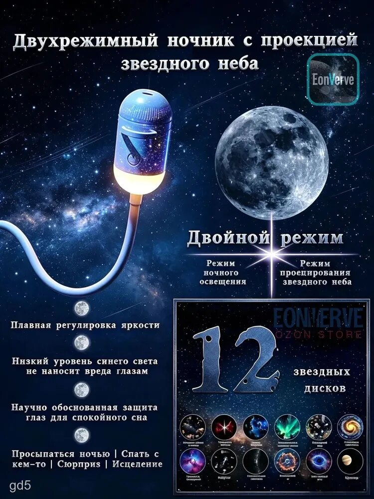 Ночник с проекцией звёздного неба мини-проектор 12 слайдов для детской комнаты