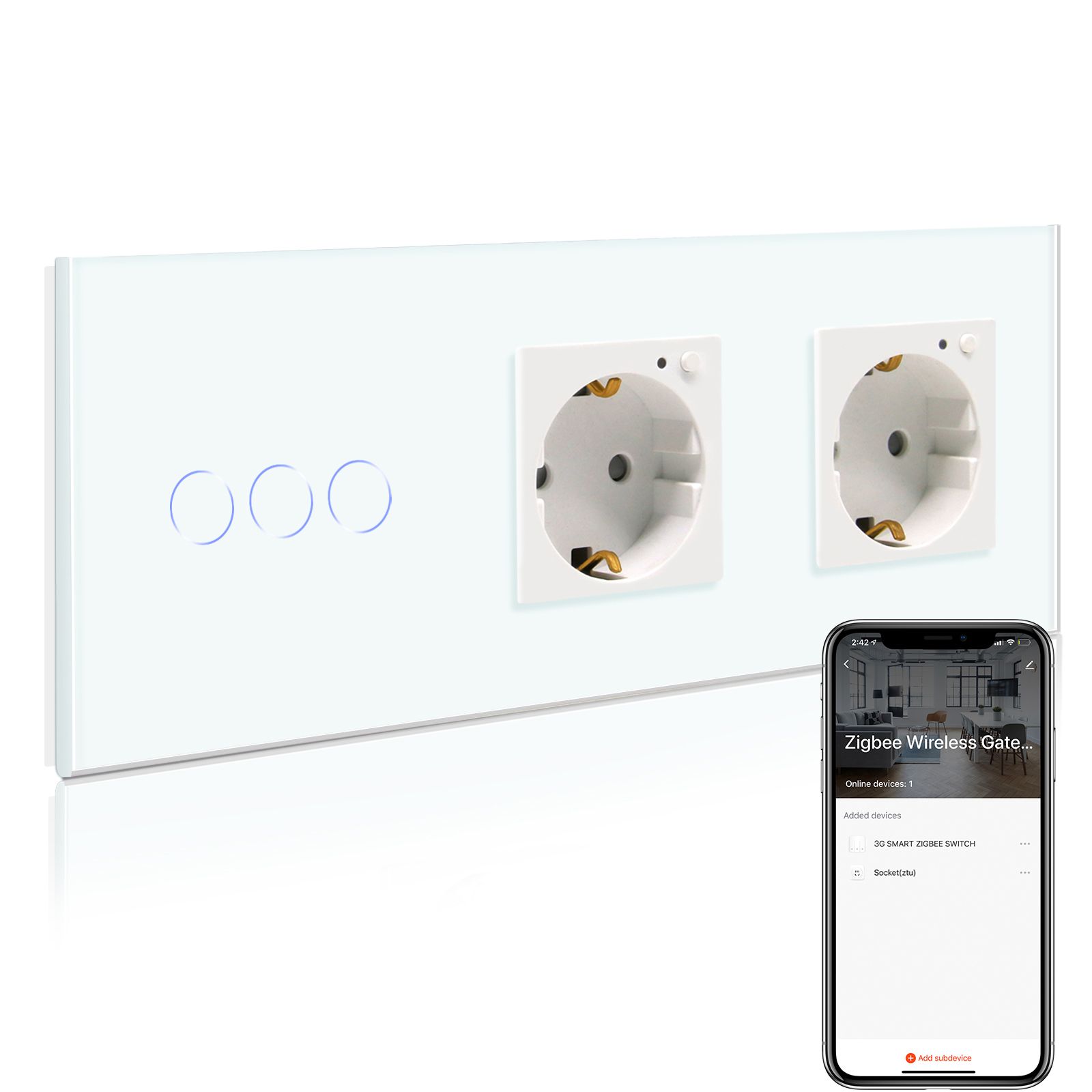 Сенсорный выключатель умный с двумя розетками с Zigbee,3 клавиша 2 розетки, с Алисой, голосовое управление, панель стекло Белая,228mm
