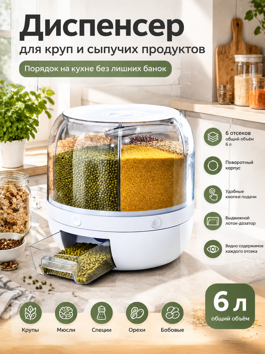Кухонный диспенсер для круп и сыпучих продуктов, вращающийся органайзер на 6 отсеков, 6 л, белый