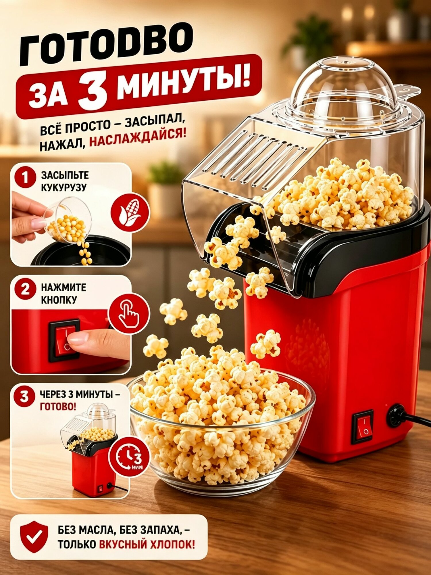 Попкорница электрическая 1200 Вт, без масла, быстрый нагрев, компактная