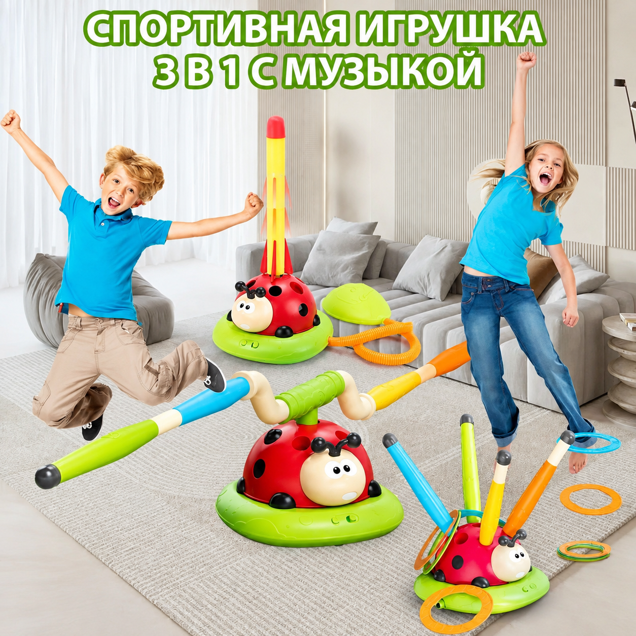 Спортивная игрушка 3 в 1: скакалка, ракетница и кольцеброс с пультом, пластик, для детей от 3 лет