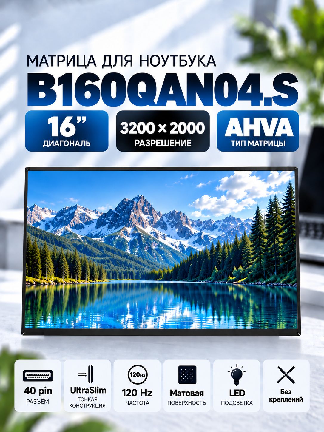 Матрица B160QAN04. S, MNG007ZA1-2, AUOF1A7 16" 40 pin 3200x2000 AHVA 120 Hz 100% DCI-P3 матовая