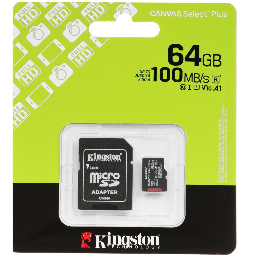 Карта памяти Micro SecureDigital 64Gb Kingston Canvas Select Plus (SDCS3/64GB) + адаптер SD
