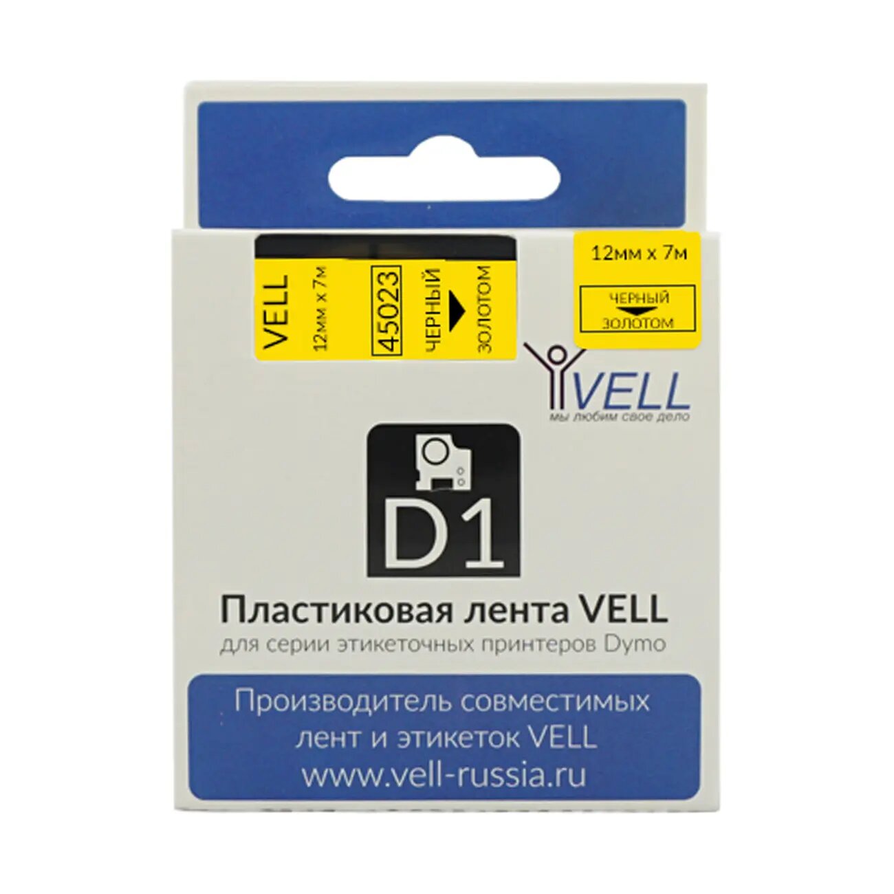 Лента Vell VL-D-S0720630/45023, пластик, 12 мм х 7 м, черный на золотом {vell-45023} 1 шт