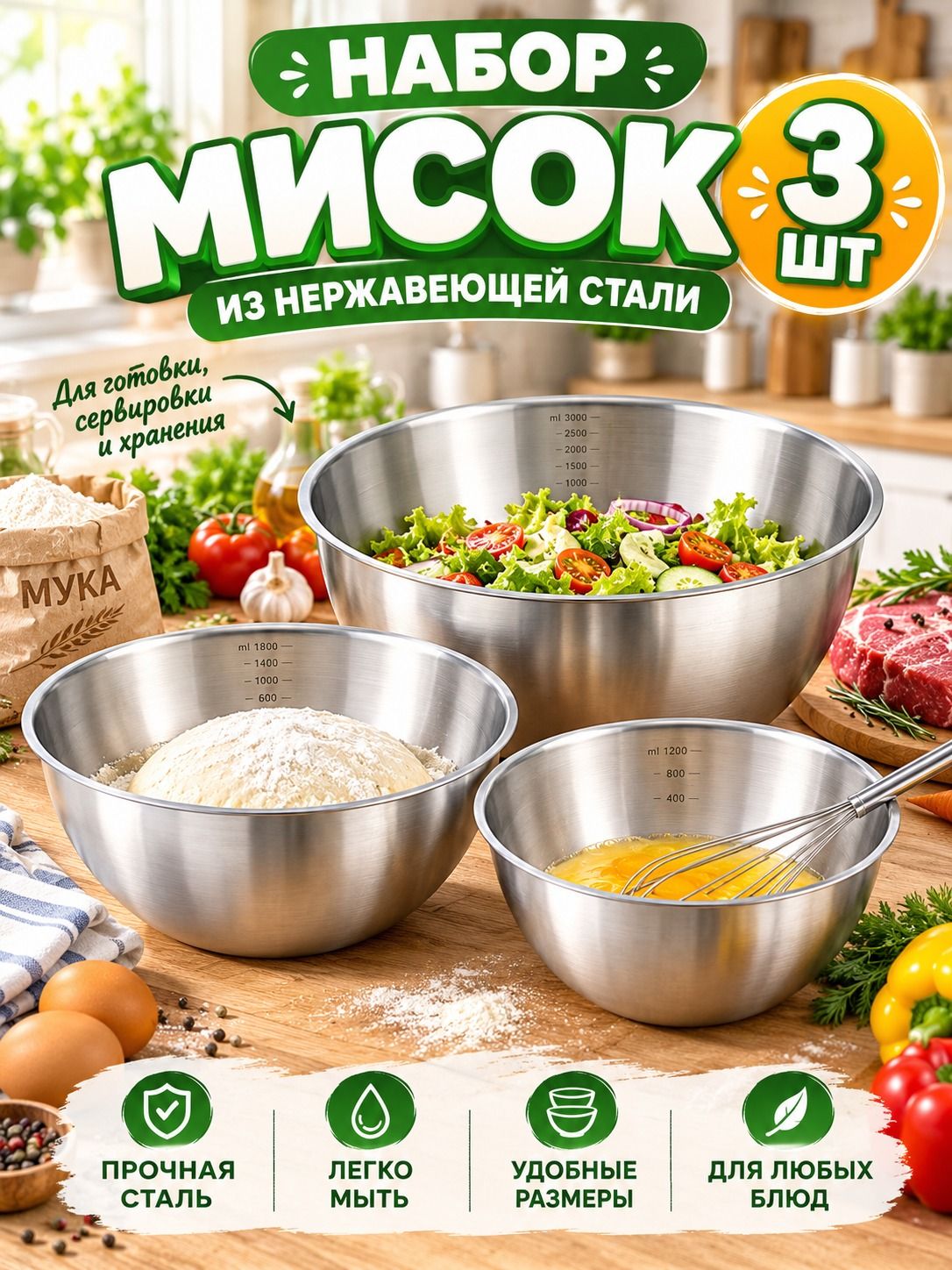 Миска 6300 мл серебристый, 3 шт
