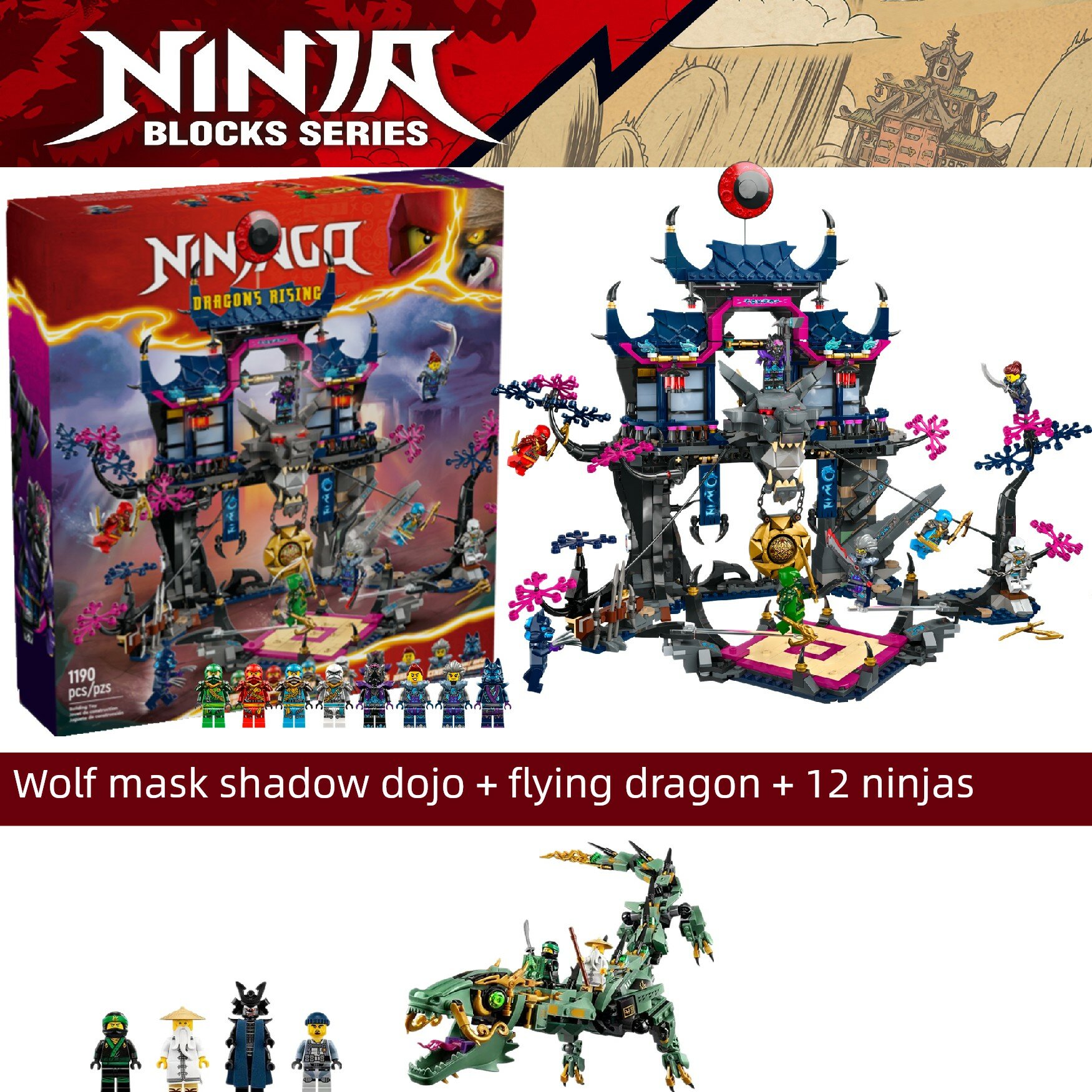 Ninjago Злое Маска Волка Тени Доджо с Летающим Драконом и 12 Минифигурками Строительная Игрушка