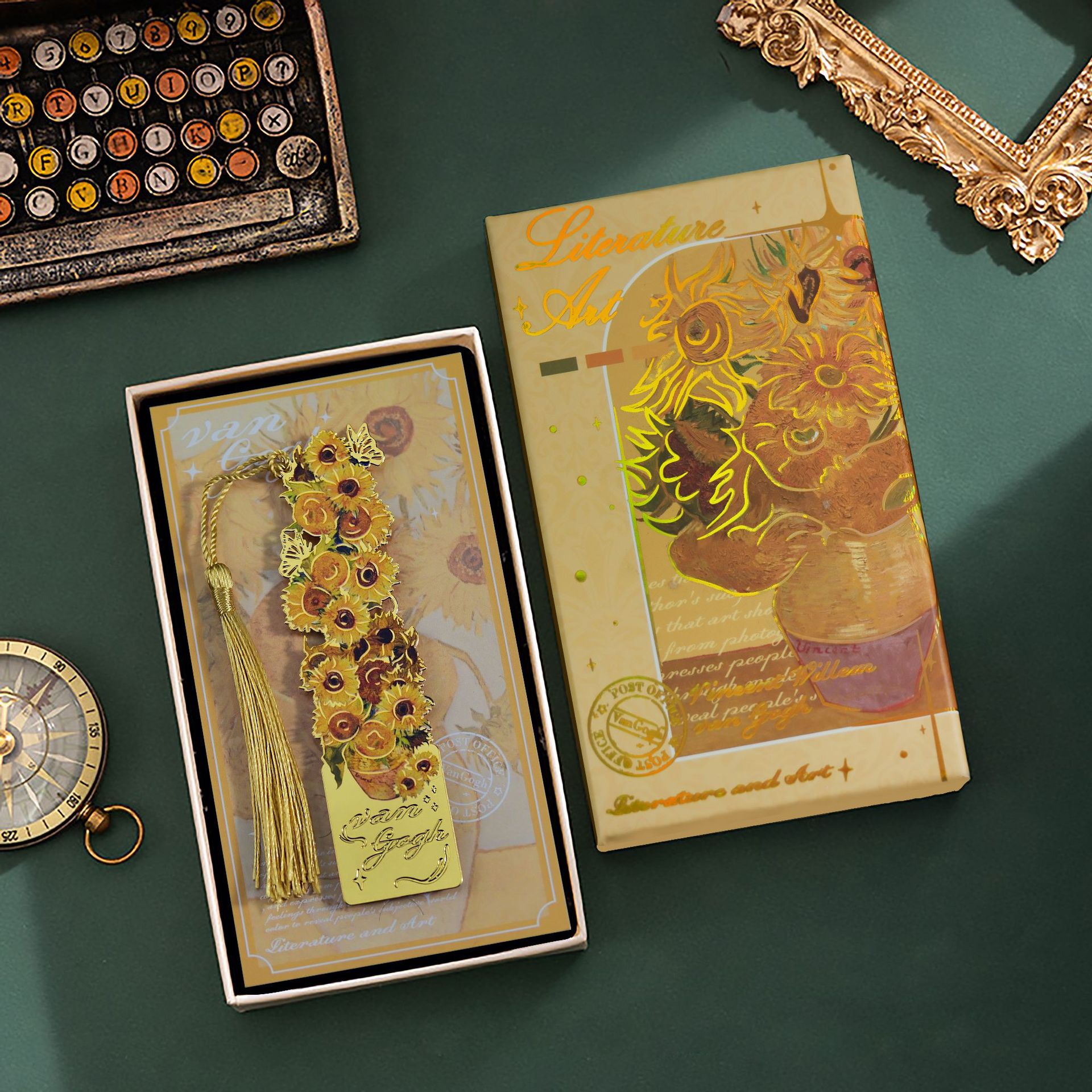 Металлическая закладка для книг с картиной Ван Гога, с кисточкой, Sunflowers, классика, подарочная коробка
